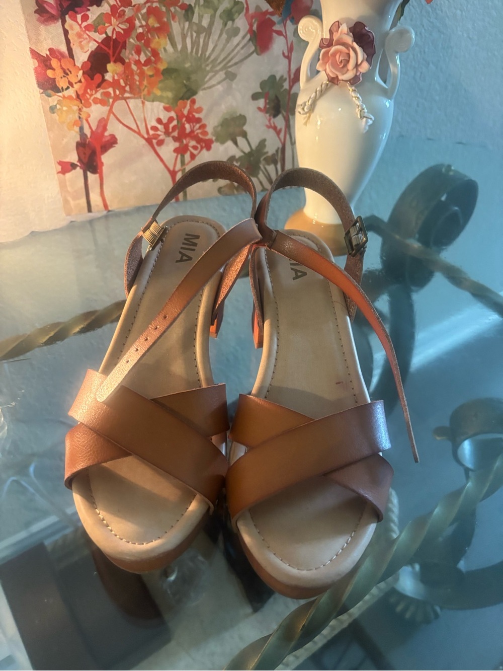 MIA Brown Leather Crisscross Slingback Sandals